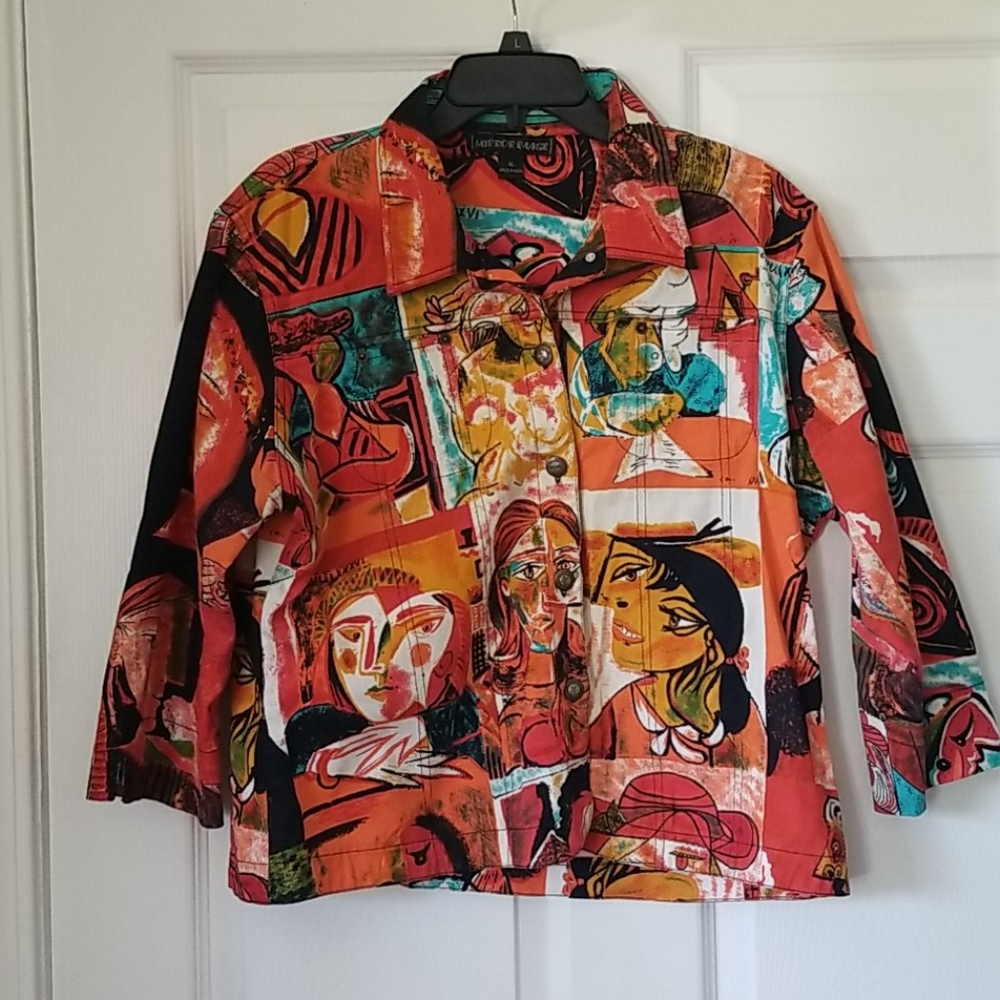 Picasso style orange print 3/4 sleave jacket